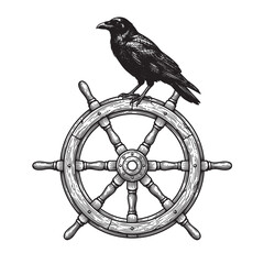 Naklejka premium crow ship helm wheel engraving