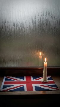 A burning candle resting on a Union Jack flag near a rainy windowpane, symbolizing patriotism, mourning, and national reflection in the UK
