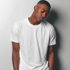 Fototapeta premium Portrait of confident African male model wearing plain white t-shirt against neutral studio background, versatile fashion and lifestyle stock photo.