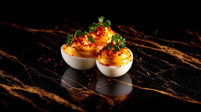 deviled eggs on marble surface, high-end appetizer presentation, studio food photography
