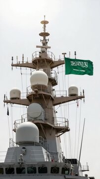 Modern military warship radar mast with Saudi Arabia flag mounted on the superstructure at sea, representing naval defense, maritime security, and defense technology