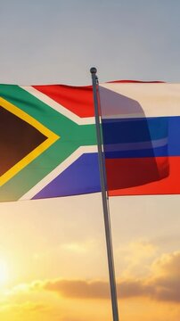 South African and Russian flags flying together representing international diplomacy, political alliance, and bilateral relations partnership