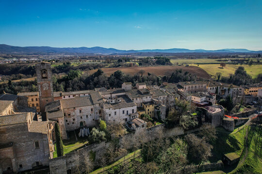 Aerial View of the Historic Town of Colle di Val d'Elsa with Bell Tower