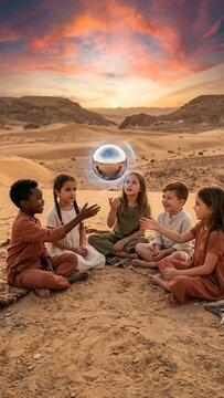 Diverse children interacting with floating globe in desert landscape at golden hour sunset