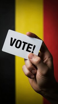 Hand holding vote card in front of Belgian flag representing democratic elections in Belgium