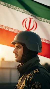 Iranian male soldier in uniform with helmet standing in front of national flag symbolizing military service and patriotism