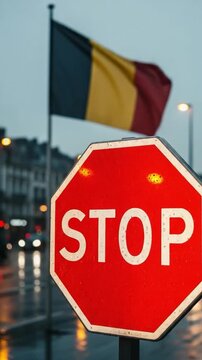 Stop sign in front of a Belgian flag in a city street representing traffic control and rules in Europe