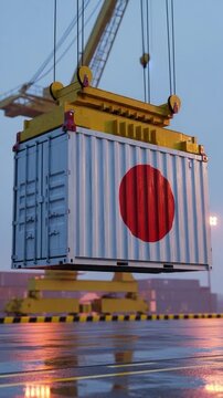 Shipping container with Japanese flag hoisted by crane at port terminal representing import export logistics and international trade