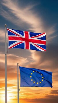 UK and EU flags waving together against dramatic sunset sky representing Brexit diplomacy and international relations