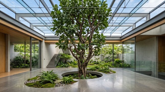 Large tree growing inside modern home atrium with glass ceiling and indoor garden