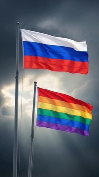 Russian and LGBT pride flags waving side by side against a dramatic stormy sky representing diversity and contrasting beliefs