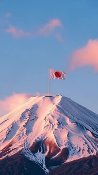 Mount Fuji peak with Japanese flag at sunset for concepts of travel patriotism and cultural heritage