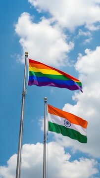 Rainbow pride flag flying proudly alongside the Indian national flag against a bright blue sky with fluffy white clouds representing diversity and unity in India