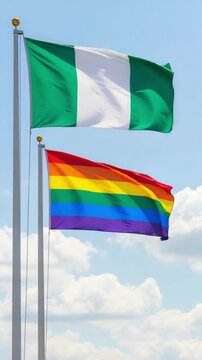 Nigerian and rainbow pride flags waving together against a blue sky, representing LGBTQ rights, diversity, and human equality in Africa.
