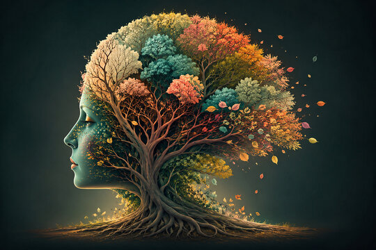 AI generated human profile blended colorful tree branching roots representing mind nature growth creativity consciousness imagination balance personal development