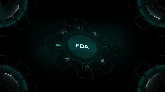 FDA Regulatory Compliance Interface with Circular Digital System and Healthcare Icons. Representing Medical, on digital gear HUD interface background loop
