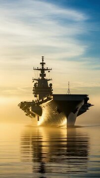Aircraft carrier silhouette at sunrise on calm ocean water symbolizing military power and maritime defense strategy