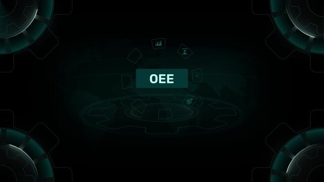 OEE acronym, overall equipment effectiveness concept, identifies the percentage of manufacturing time that is truly productive. on digital gear HUD interface background loop