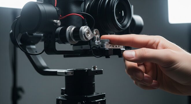 Close-up of hand adjusting camera gimbal stabilizer for professional videography