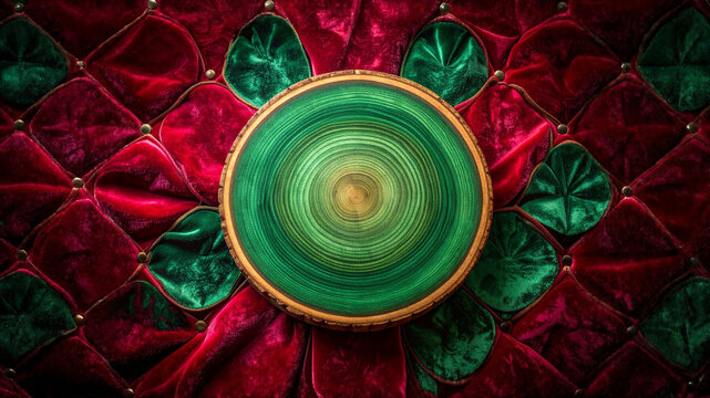 Green circular wood slice podium on red tufted velvet upholstery background. Metal studs and fabric texture detail. Top view flat lay template setup for product display presentation layout.