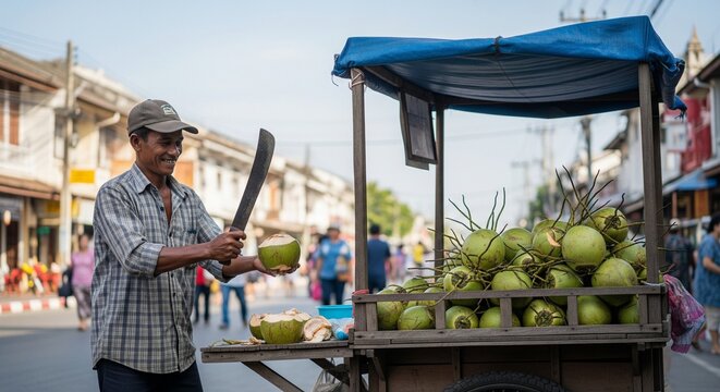 Street vendor selling fresh coconuts in a bustling outdoor market