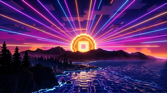 Pixel Art Sunset Landscape With Glowing Neon Light Rays And Reflections Over Dark Mountainous Terrain