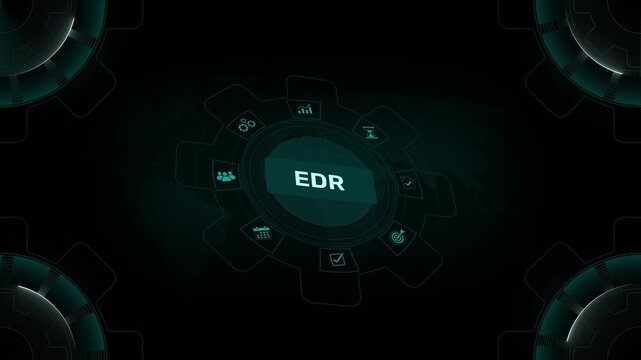 EDR endpoint detection and response cybersecurity threat monitoring concept on digital gear HUD background loop