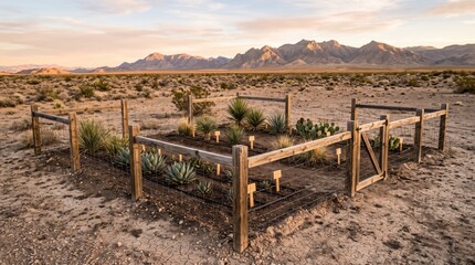 Obraz premium Fenced desert garden with native plants and wooden markers in a vast arid landscape