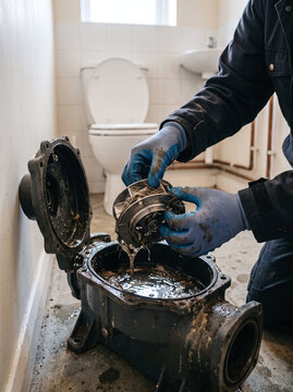 Plumber in gloves cleaning a clogged sewage macerator pump impeller in bathroom