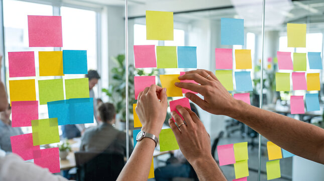 Business colleagues planning project with colorful sticky notes on glass wall