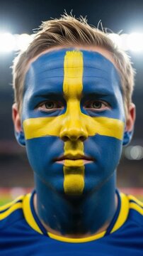 Young Adult Caucasian Male Soccer Fan with Sweden Flag Painted on Face Supporting National Team in Stadium
