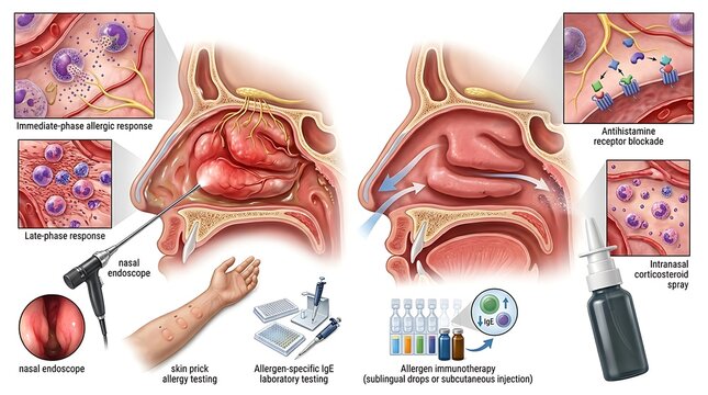 Detailed medical illustration of allergic rhinitis showing immediate and late phase responses in the nasal mucosa, alongside receptor blockade mechanisms and intranasal corticosteroid spray