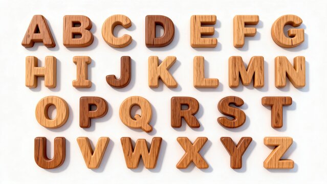 Full set of 26 uppercase English alphabet 3D letters with wood grain texture on clean white background, wooden‑block style font for kids education retro poster typesetting design asset