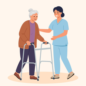 Nurse Assisting Senior Woman Walking with Walker Frame Vector Illustration