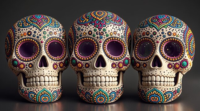 Three Decorated Mexican Sugar Skulls with Colorful Traditional Patterns for Day of the Dead