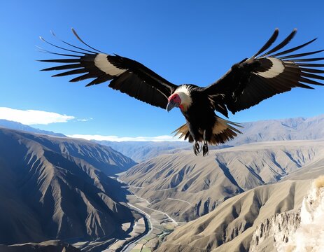 Hyper-realistic professional photo of Deep Colca Canyon with soaring Andean condors in blue sky
