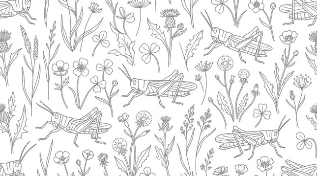 Hand-drawn grasshoppers and wildflowers pattern