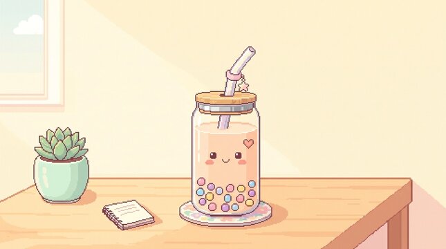 Minimalist kawaii pixel art of a cute boba tea cup with colorful pearls on a desk.