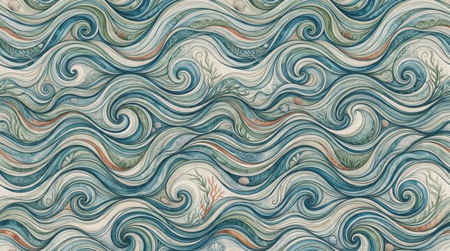 Blue mosaic wave pattern background with curved ocean ripples and sea foam details curved lines seamless texture water surface
