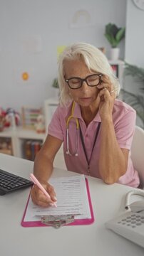 Woman doctor with stethoscope holding phone to ear and writing on pink clipboard in building; compassionate care.