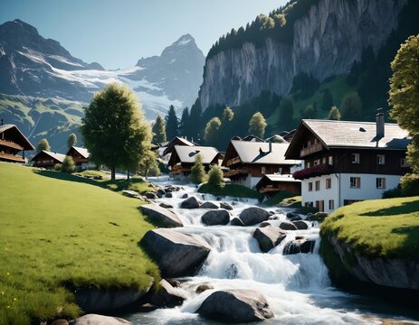 Hyper-realistic professional photo of Deep alpine valley with Staubbach waterfall dropping past Swiss chalets
