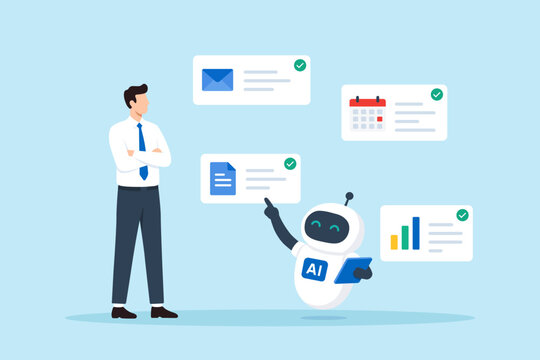 Flat illustration businessman AI agent managing email calendar documents analytics workflow automation multitasking productivity intelligent business assistant