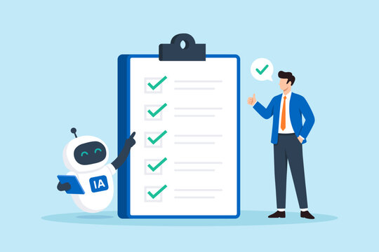 Flat illustration AI agent completing tasks checklist businessman gives thumbs up workflow automation task management productivity efficiency successful work completion