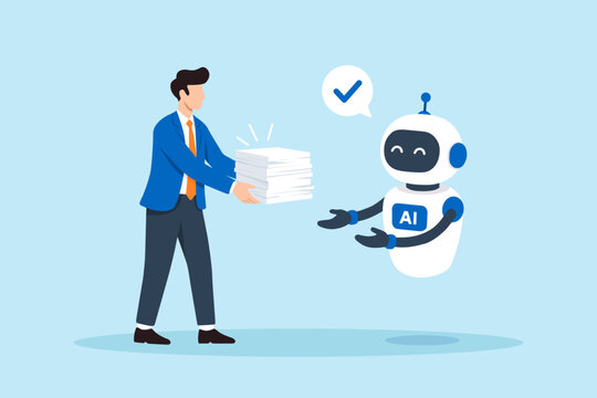 Flat illustration businessman handing stack documents AI assistant task delegation workflow automation coworker business productivity intelligent work management