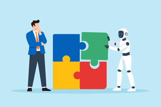 Flat illustration AI assistant assembling puzzle pieces businessman observes workflow automation business process optimization artificial intelligence integration problem solving