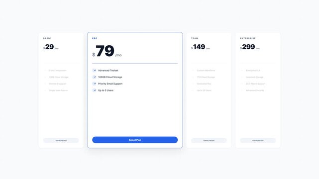 Subscription Pricing Table Animation with Four Tiers and Monthly Service Plans Selection