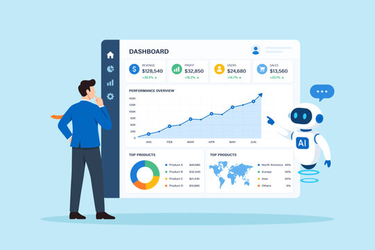Flat illustration AI assistant analyzing business dashboard businessman reviews rising chart analytics intelligence data analysis performance insight decision making
