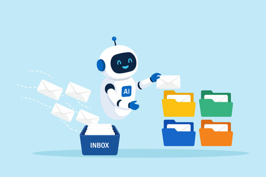 Flat illustration AI robot sorting incoming emails organized folders automation inbox management artificial intelligence assistant workflow efficiency digital communication