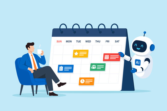 Flat illustration AI assistant managing calendar schedule businessman relaxes coffee scheduling automation virtual time management productivity