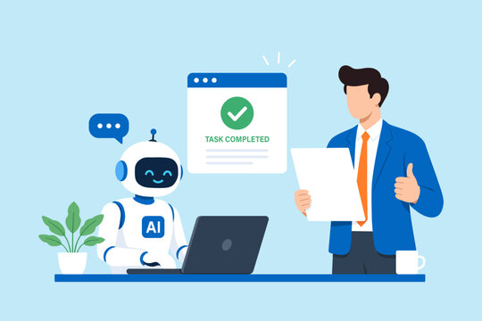 Flat illustration AI assistant generating report laptop businessman reviews completed document office automation workflow efficiency business productivity
